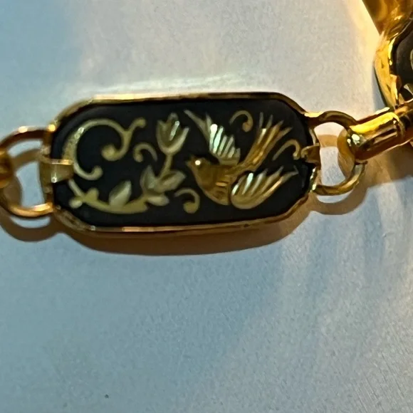 Vintage Damascene Style Bird Bracelet Gold Tone Black Enamel Link 7in - Picture 7 of 7